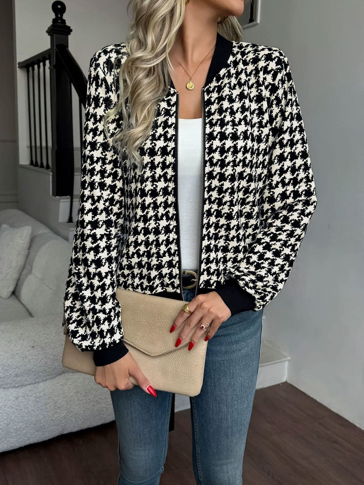 Black Houndstooth Bomber Jacket, Hip Length - view 5