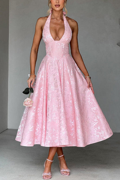 Jacquard Halter Neck Open-Back Midi Dress - view 5