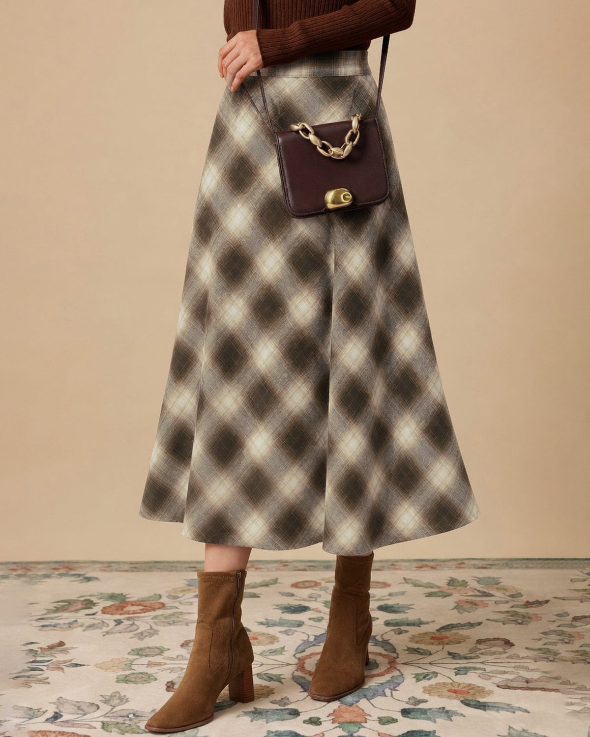 Brown Plaid Cotton Midi Skirt, Elastic Waist - view 5