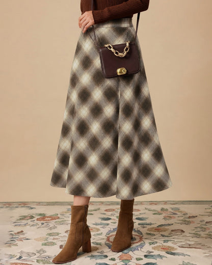 Brown Plaid Cotton Midi Skirt, Elastic Waist - view 5
