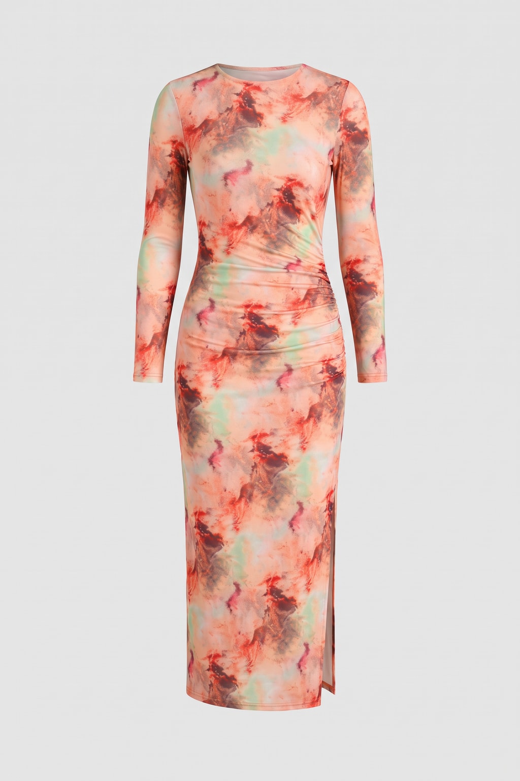 Mesh Overlay Tie-Dye Ruched Long Sleeve Midi Dress - 1