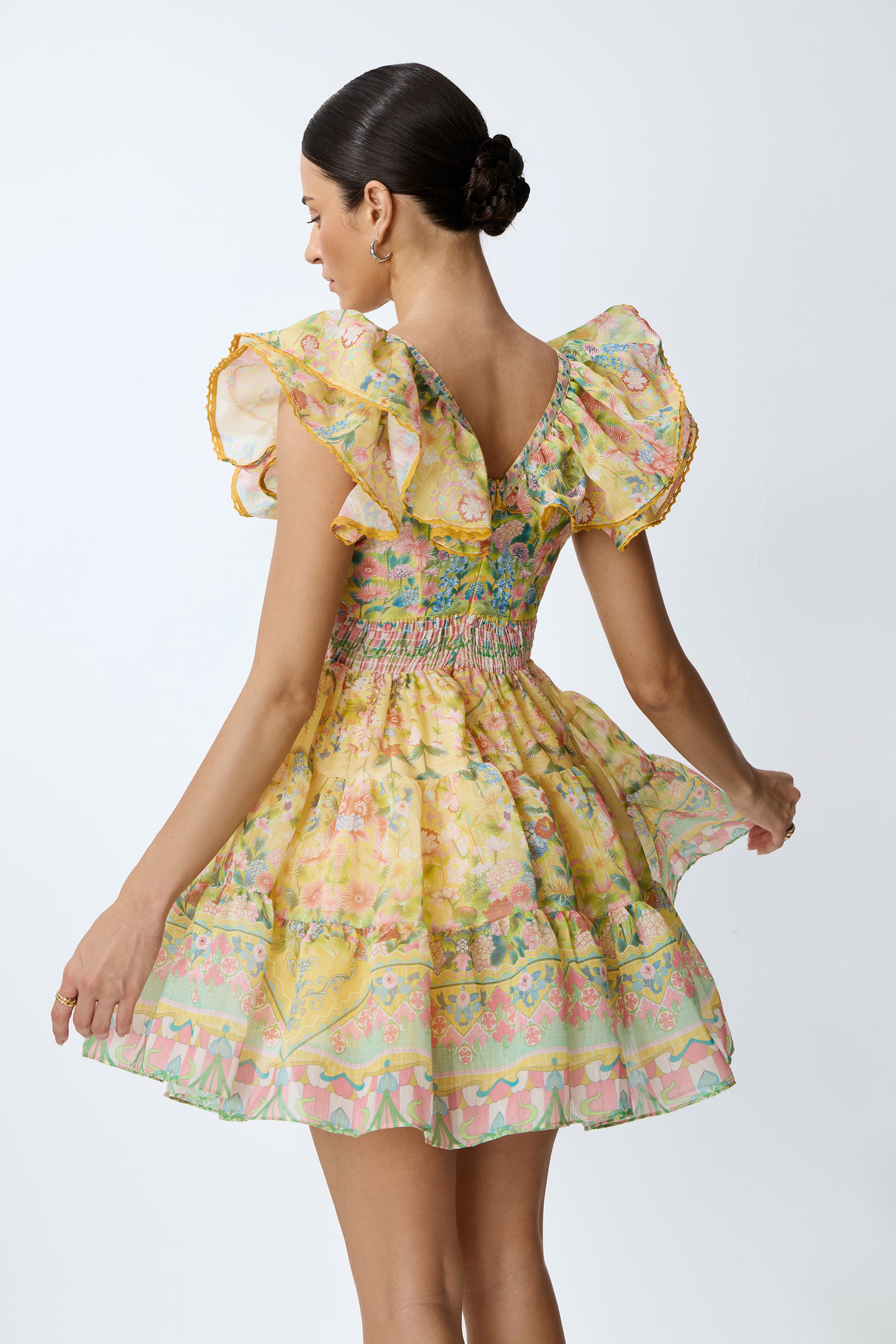 Yellow floral mini dress with ruffle trim - view 6