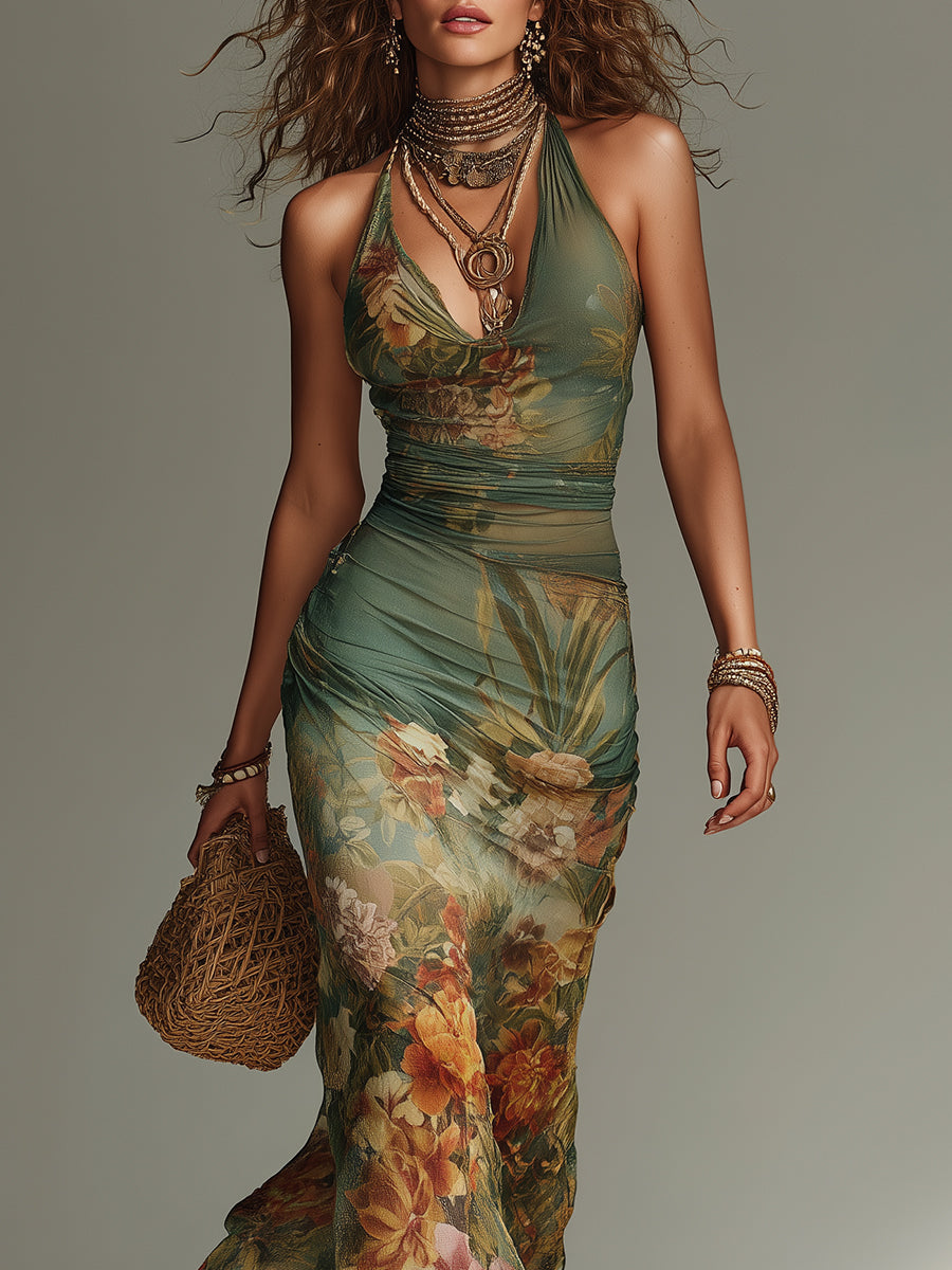 Green Floral Mesh Maxi Dress, Slim Fit - view 5