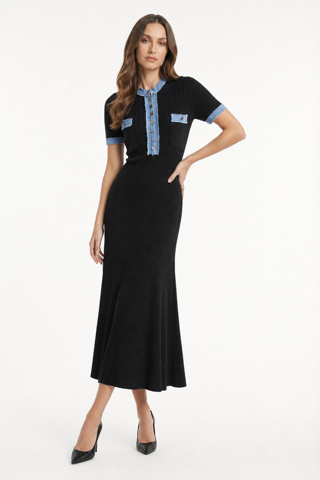 Denim Patchwork Knit Maxi Dress - 8