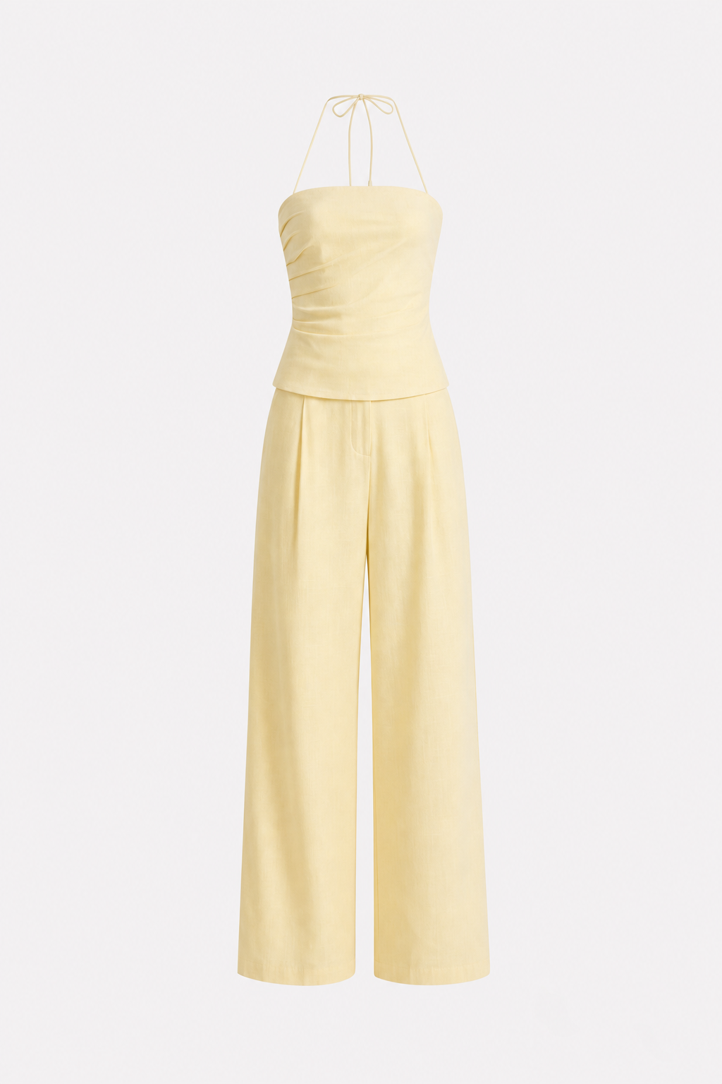 Light yellow ruched halter and wide-leg pants set