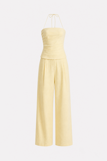 Light yellow ruched halter and wide-leg pants set