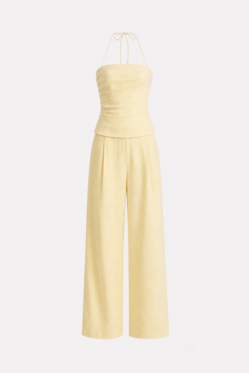 Light yellow ruched halter and wide-leg pants set