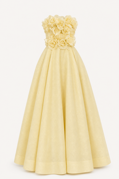 Off-Shoulder Rosette Midi Dress in Yellow
