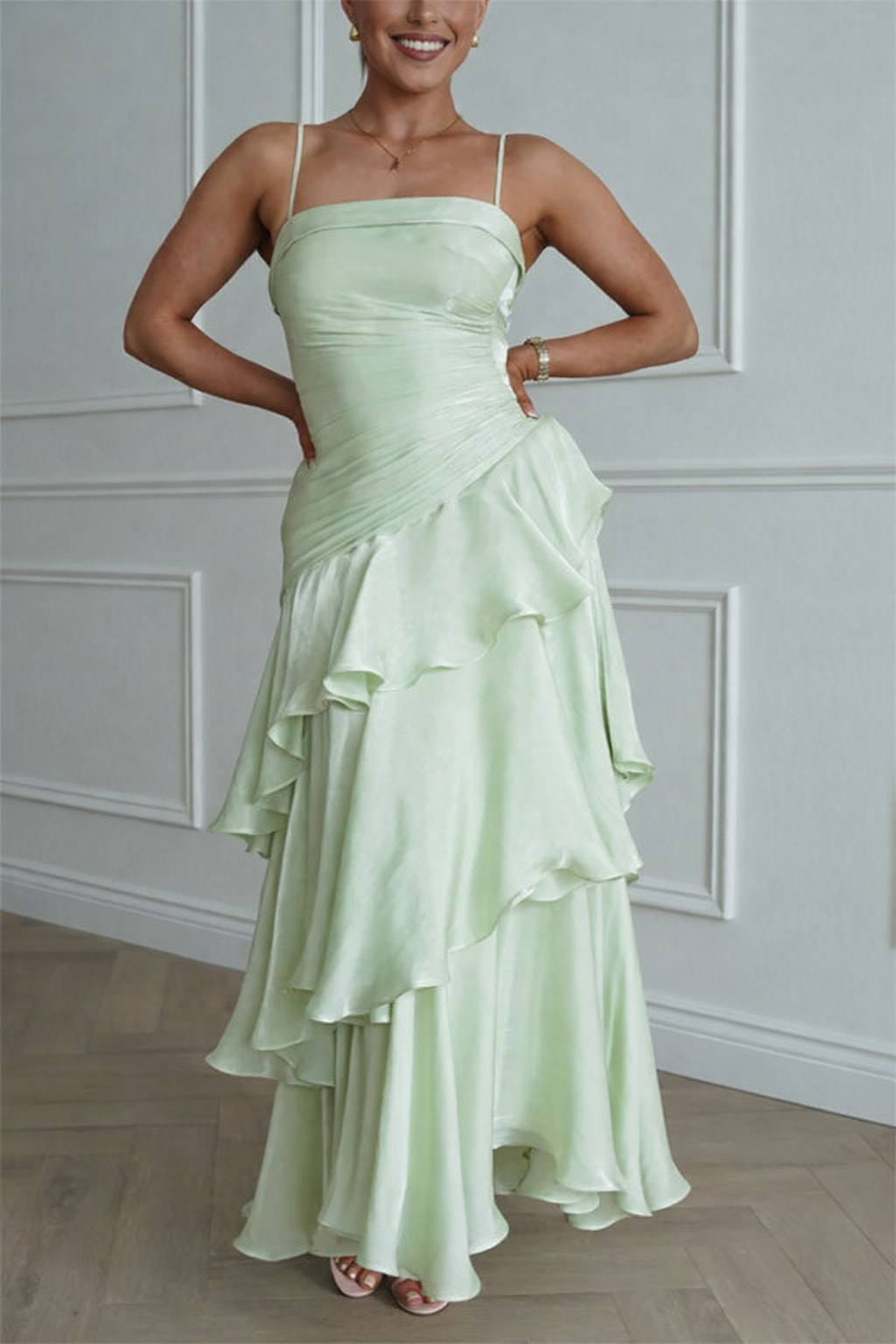 Polyester Maxi Dress With Square Neck And Ruffles - 13