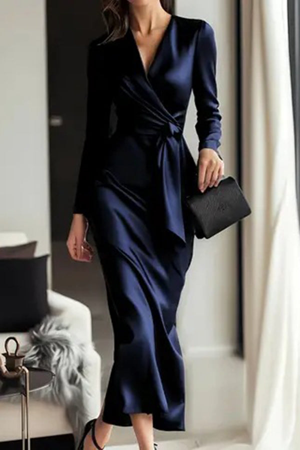 Satin V-neck tie-waist midi dress - view 4