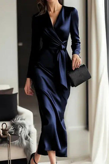 Satin V-neck tie-waist midi dress - view 4