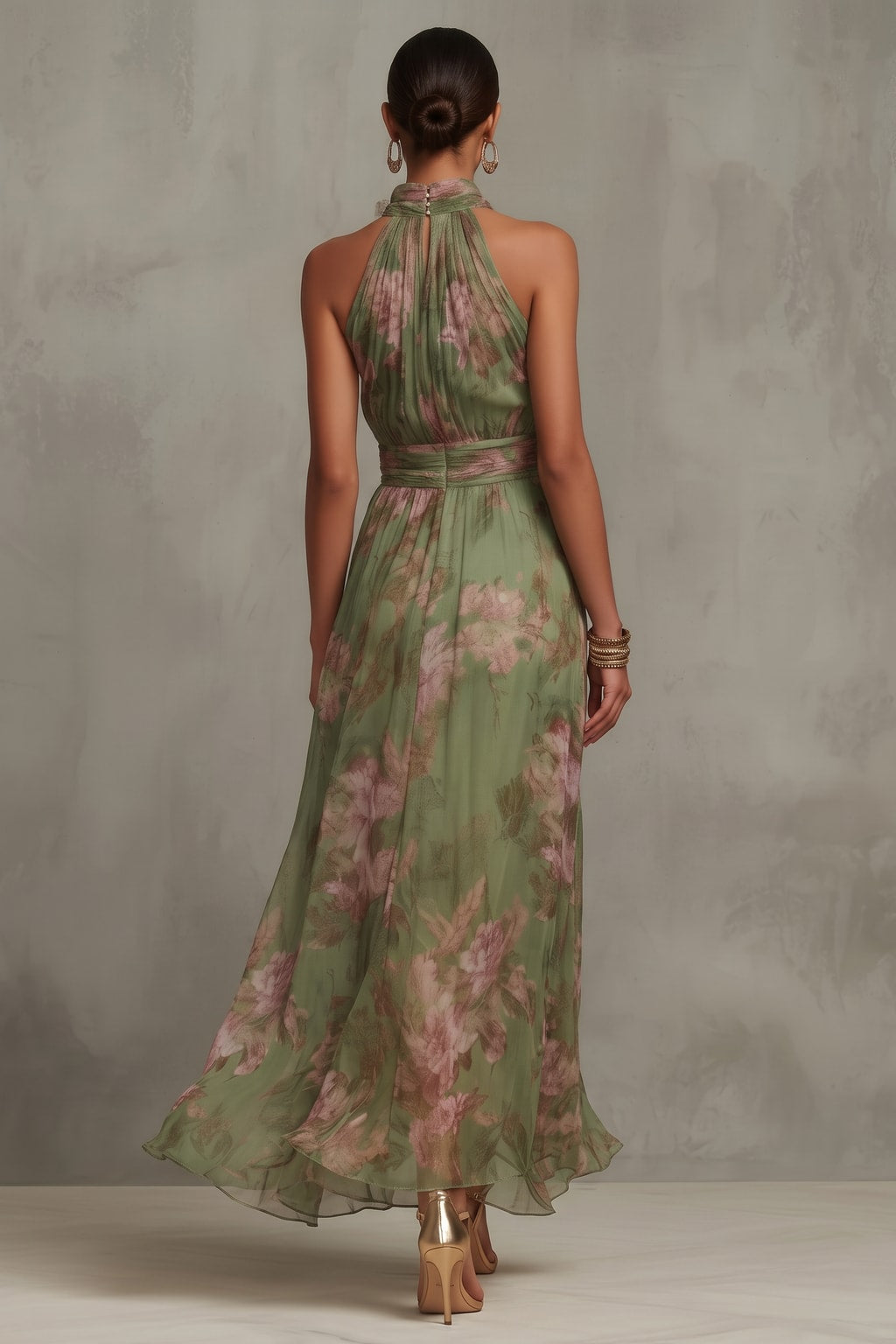 Floral Halter Maxi Dress With Flared Skirt - 3