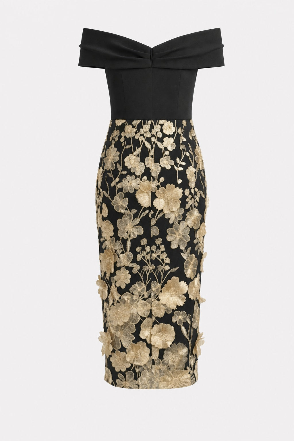 Black 3D Floral Applique Knit Off The Shoulder Short Sleeve Sheath Midi Dress - 5