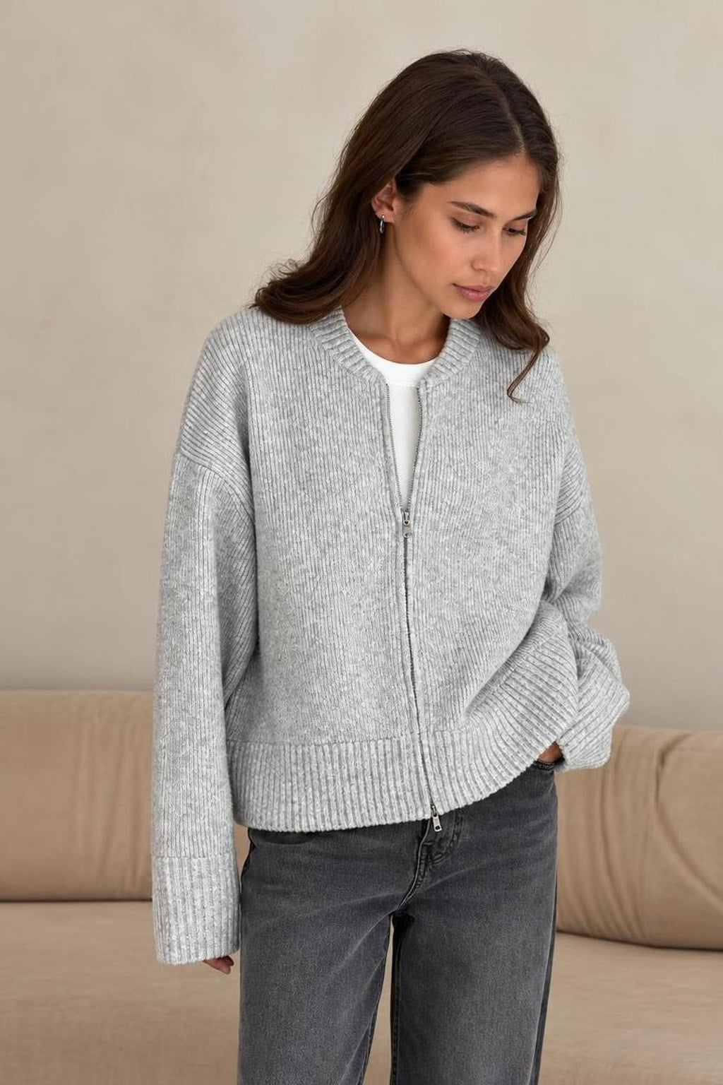 Polyester Zip-Up Cardigan With O-Neck Collar - 4