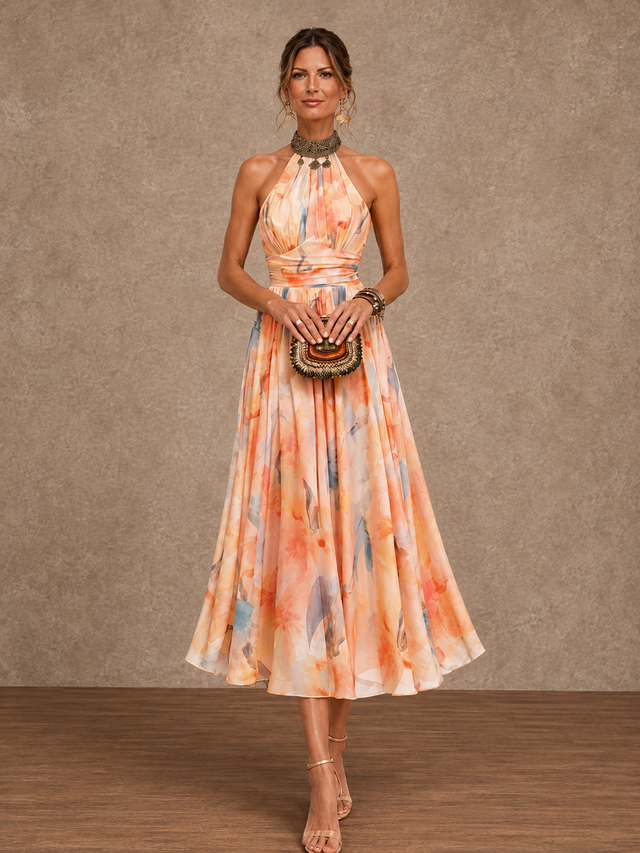 Elegant Watercolor Print Halter Maxi Dress - 2