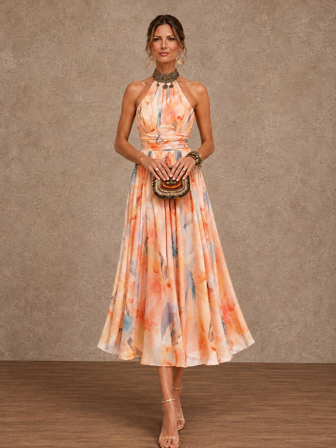 Orange floral watercolor halter maxi dress - view 2