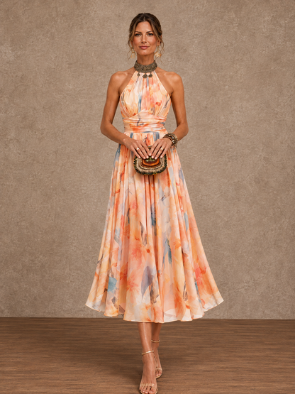 Orange floral watercolor halter maxi dress - view 2