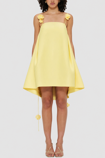 Yellow A-line mini dress with rose straps - view 2