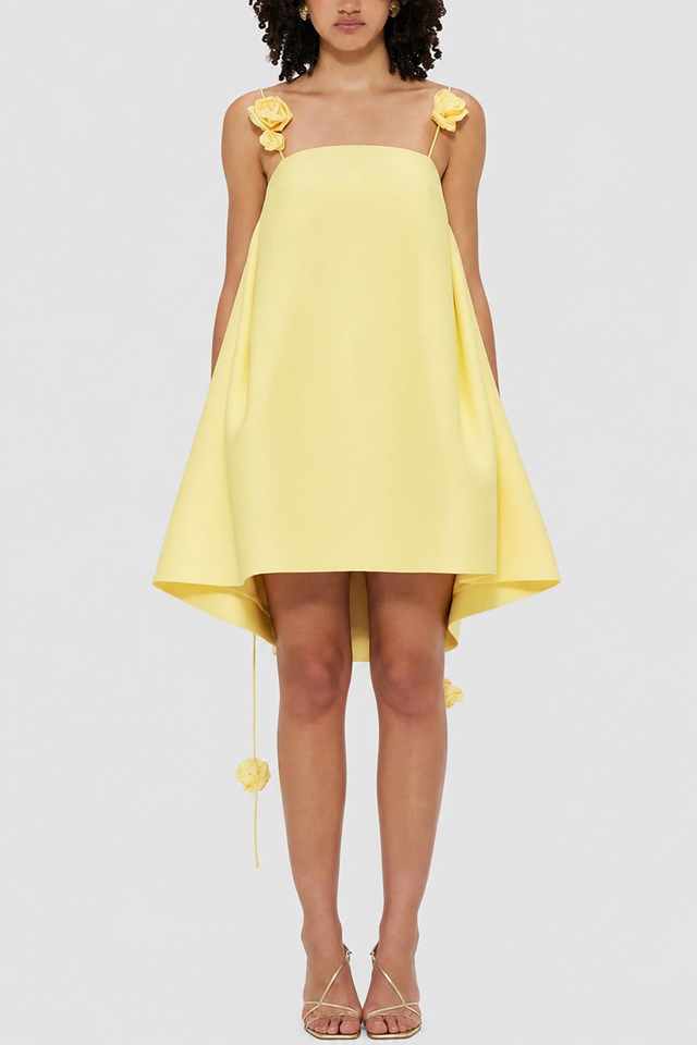 Effortless Yellow Polyester A-Line Mini Dress with Rose Straps - 2