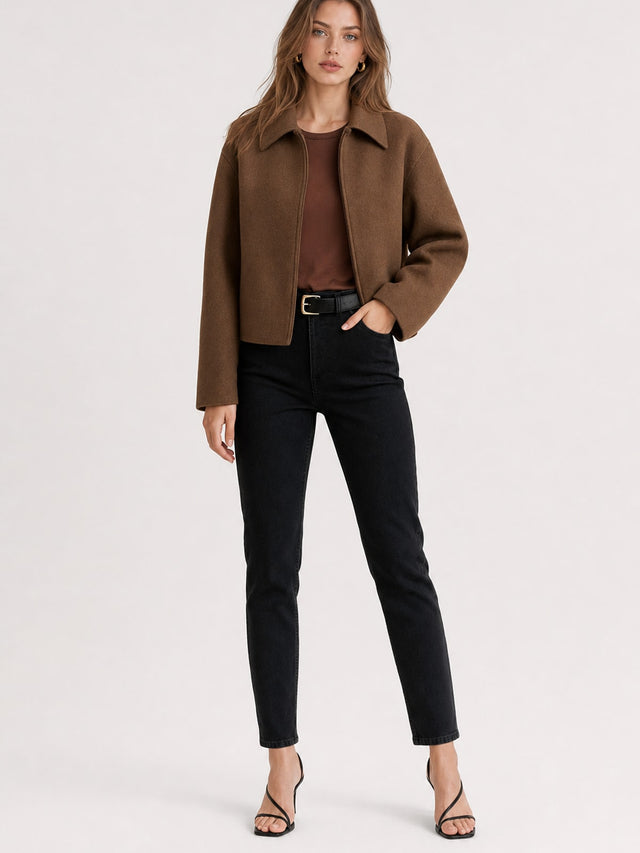 Cozy Wool Blend Cropped Jacket With Wide Collar - 3