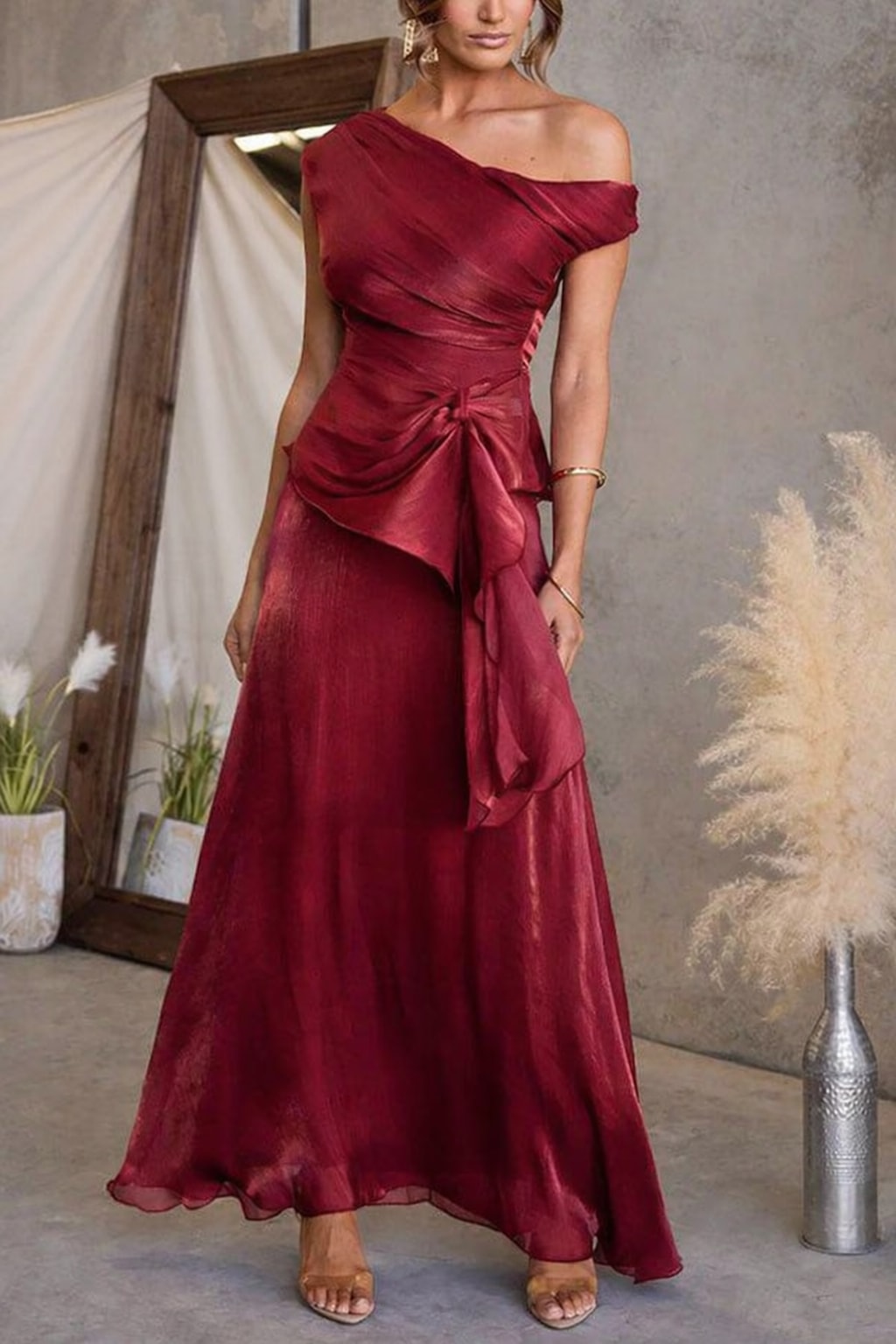 Polyester Set With One-Shoulder Ruched Top & Flare Skirt - 9