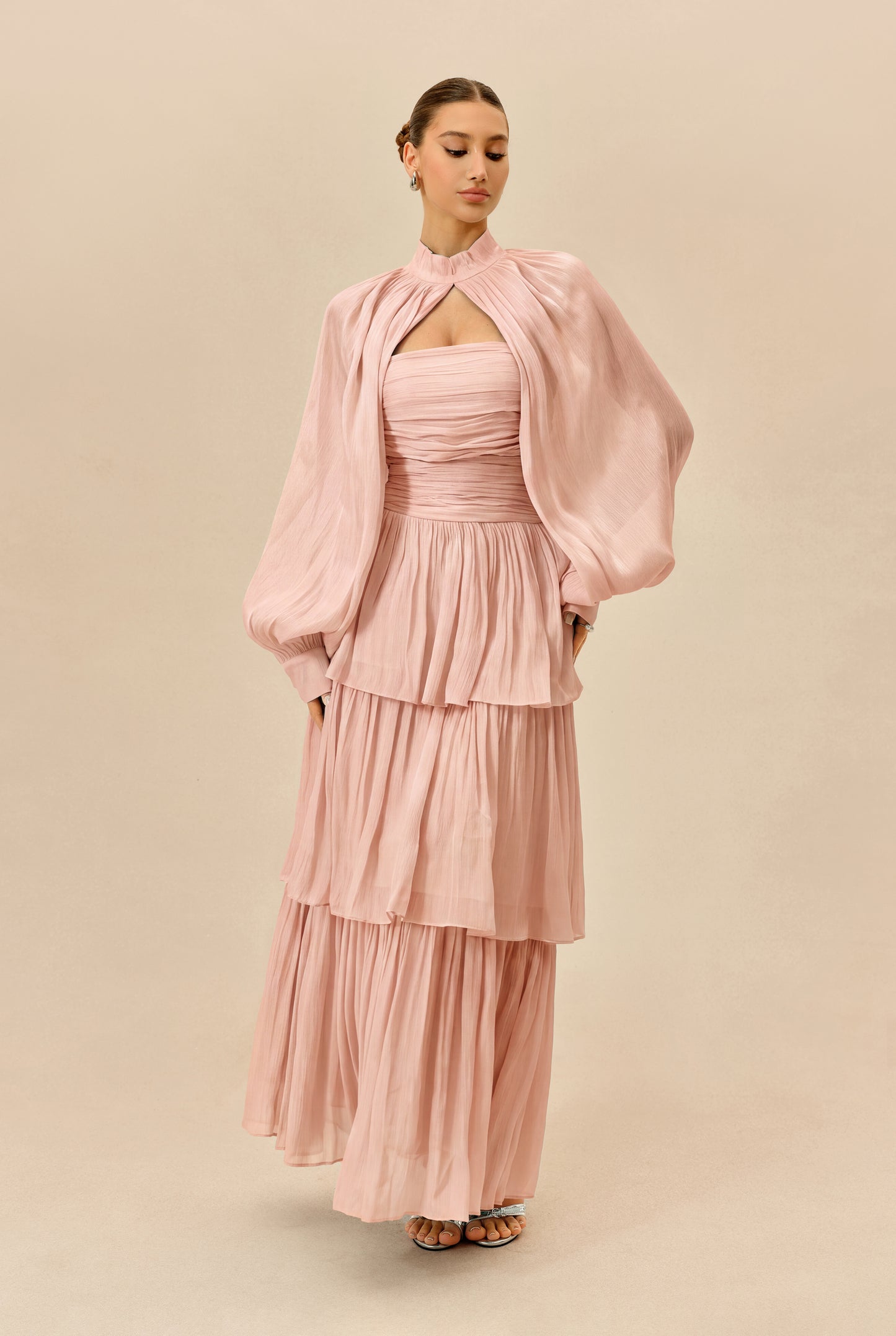 Pink Tiered Chiffon Maxi Dress with Puff Sleeves - view 2