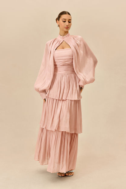 Pink Tiered Chiffon Maxi Dress with Puff Sleeves - view 2