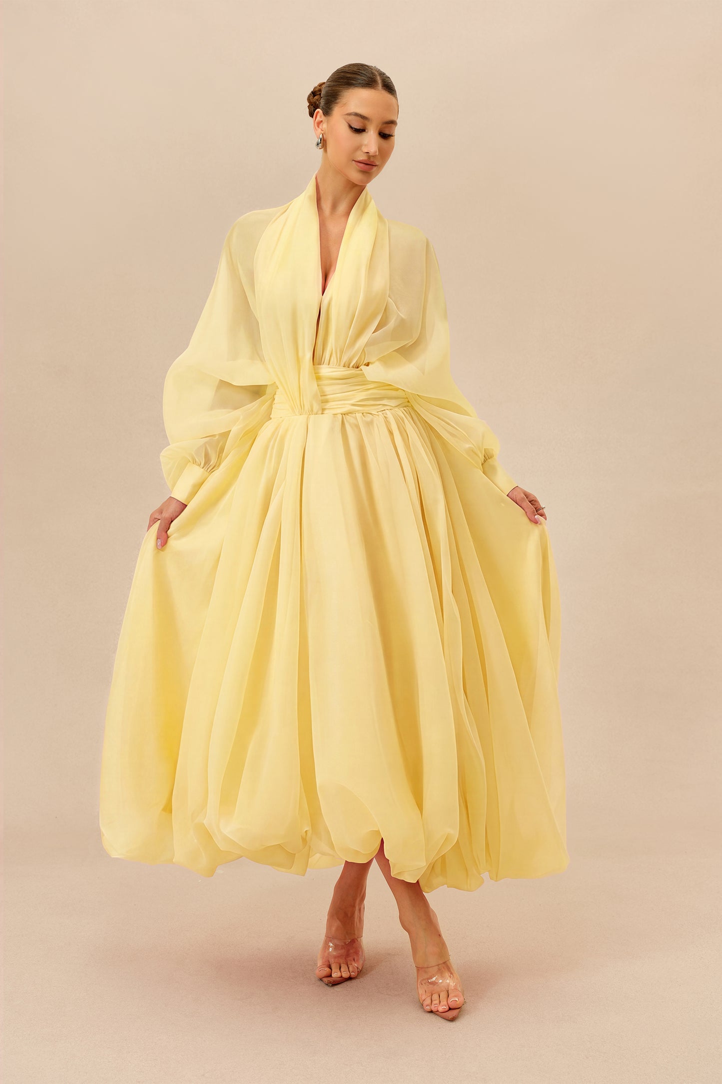 Organza Puff Sleeve Maxi Dress in Yellow - view 2