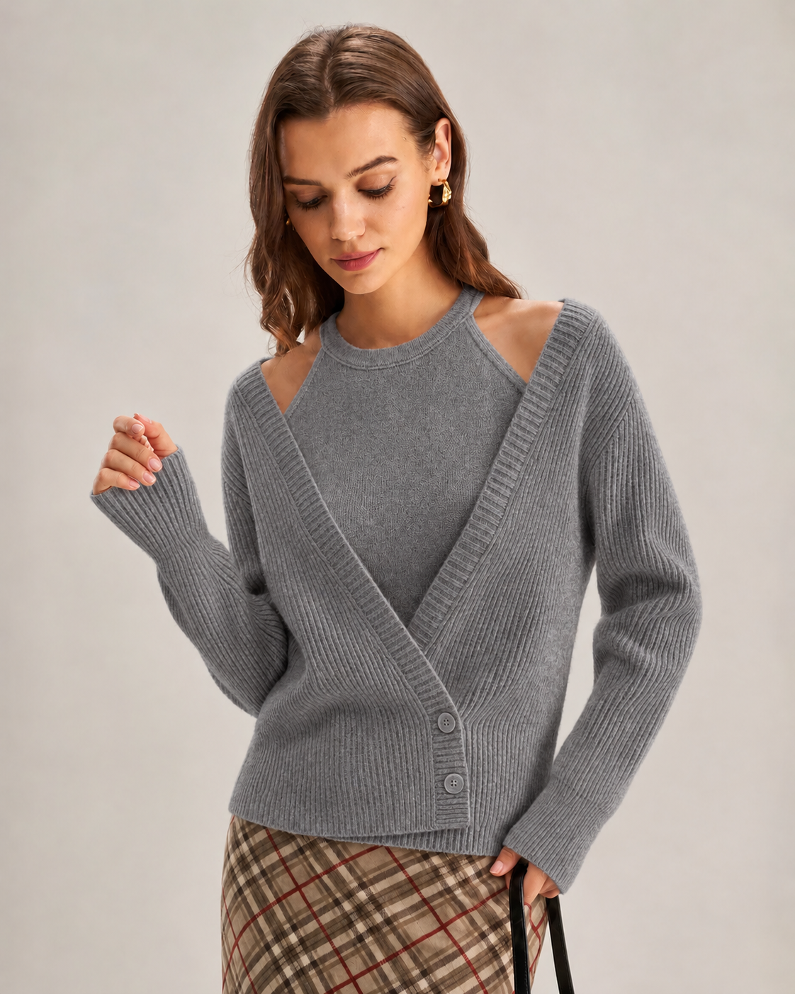 Polyester Knit Cardigan V Neck Button - 5