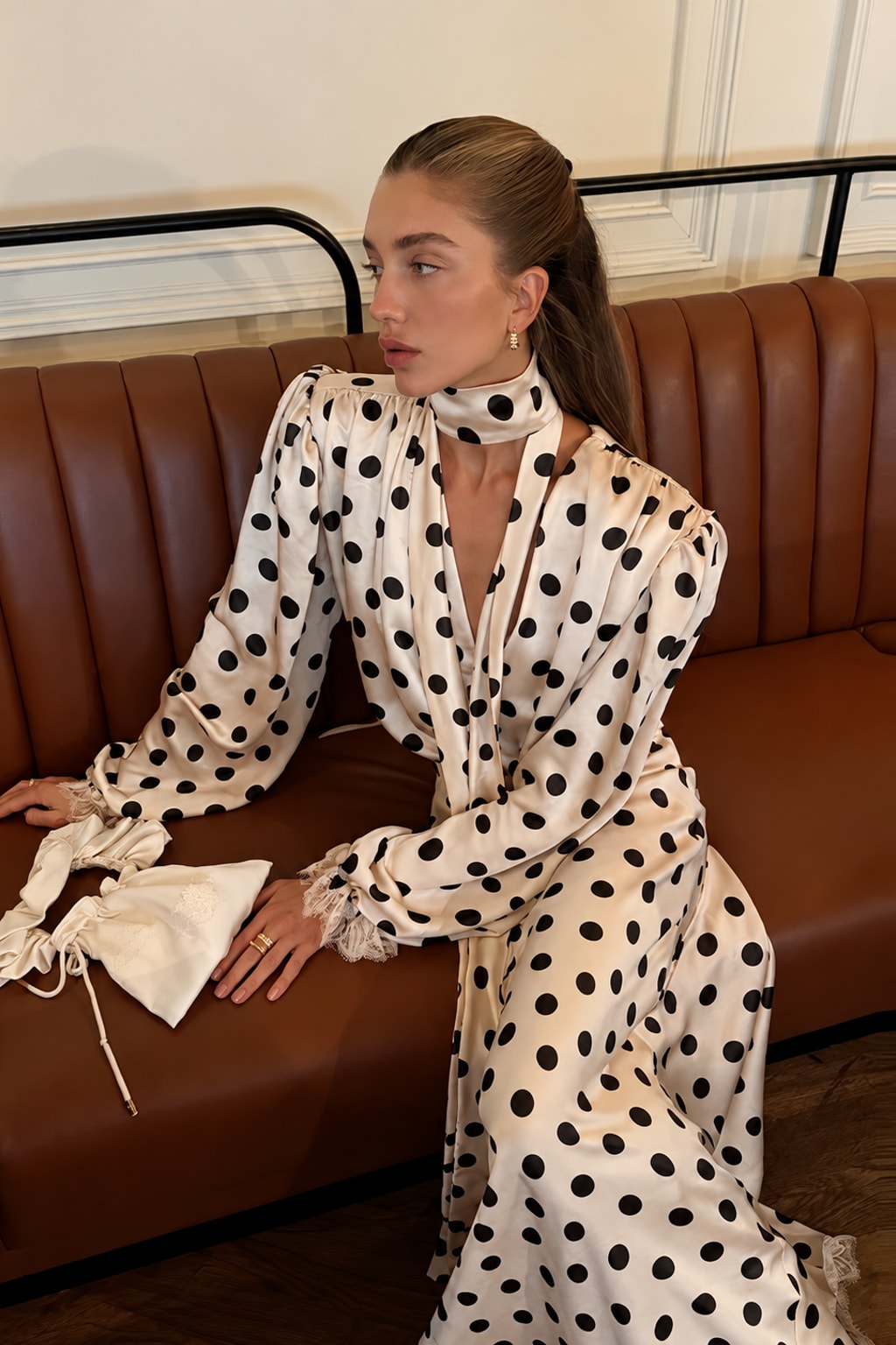 Satin Maxi Dress Polka Dot V-Neck Evening Outfit - 6