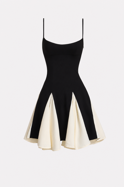 Black Colorblock Mini Dress with Godet Panels