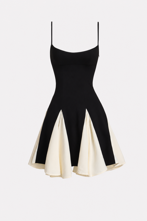 Black Colorblock Mini Dress with Godet Panels