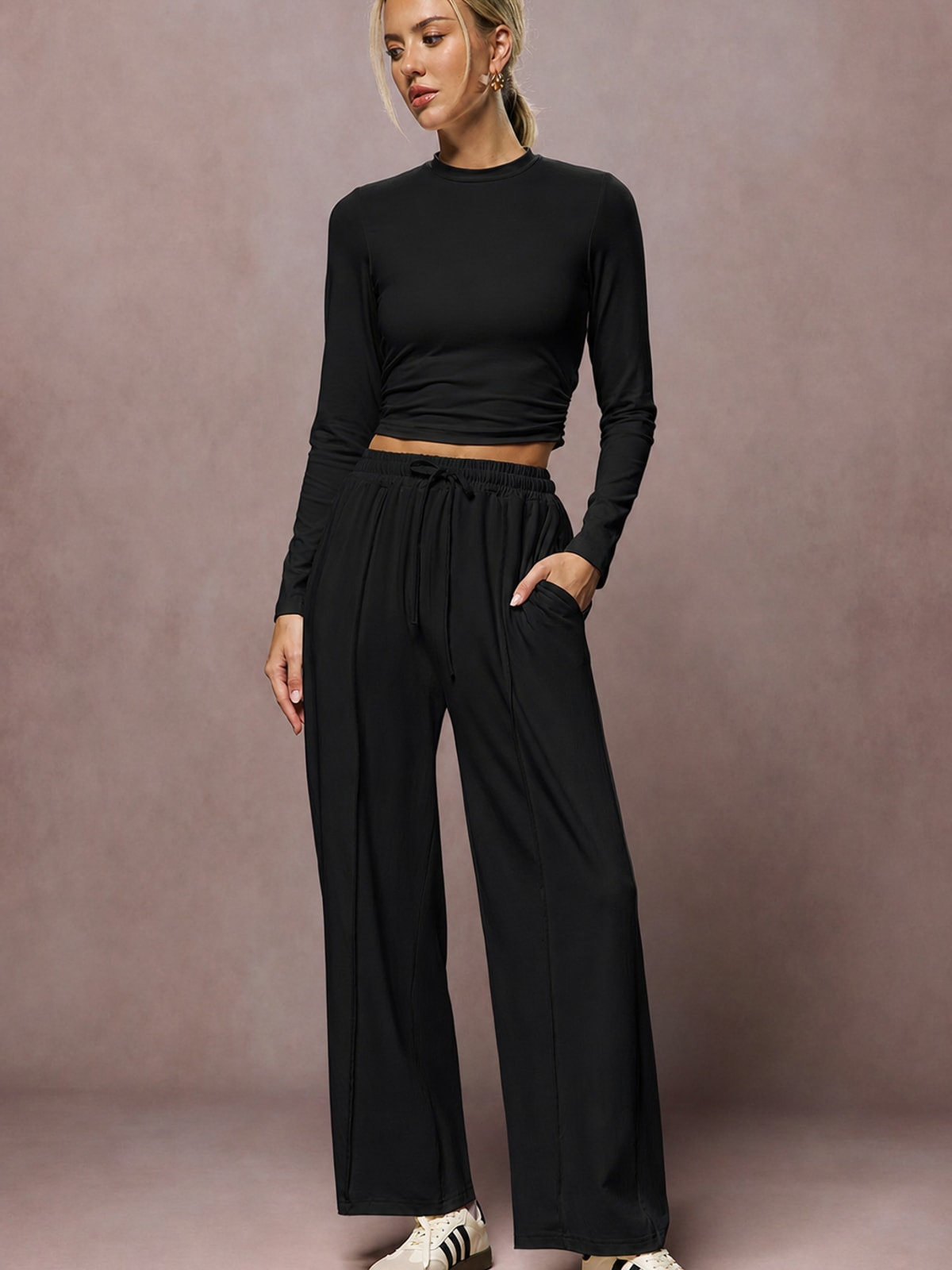 Ruched Jersey Top And Tie-Waist Wide-Leg Trouser Set - 7