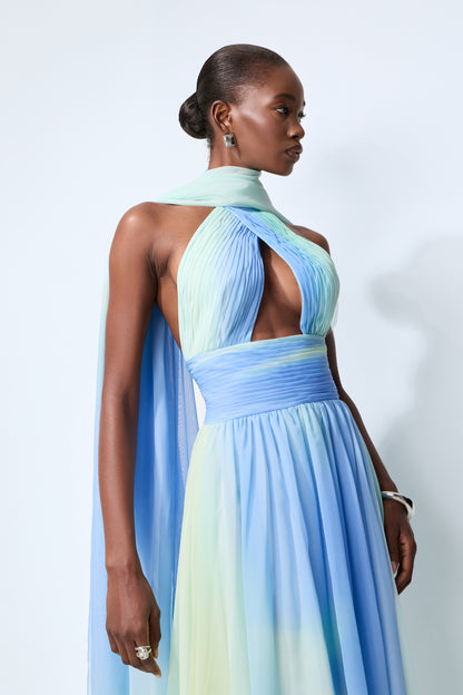 Ombre Chiffon Maxi Dress With Cape Scarf - view 3
