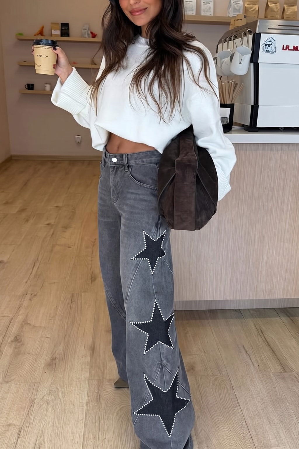Denim Wide Leg Jeans With Side Star Pocket - 5