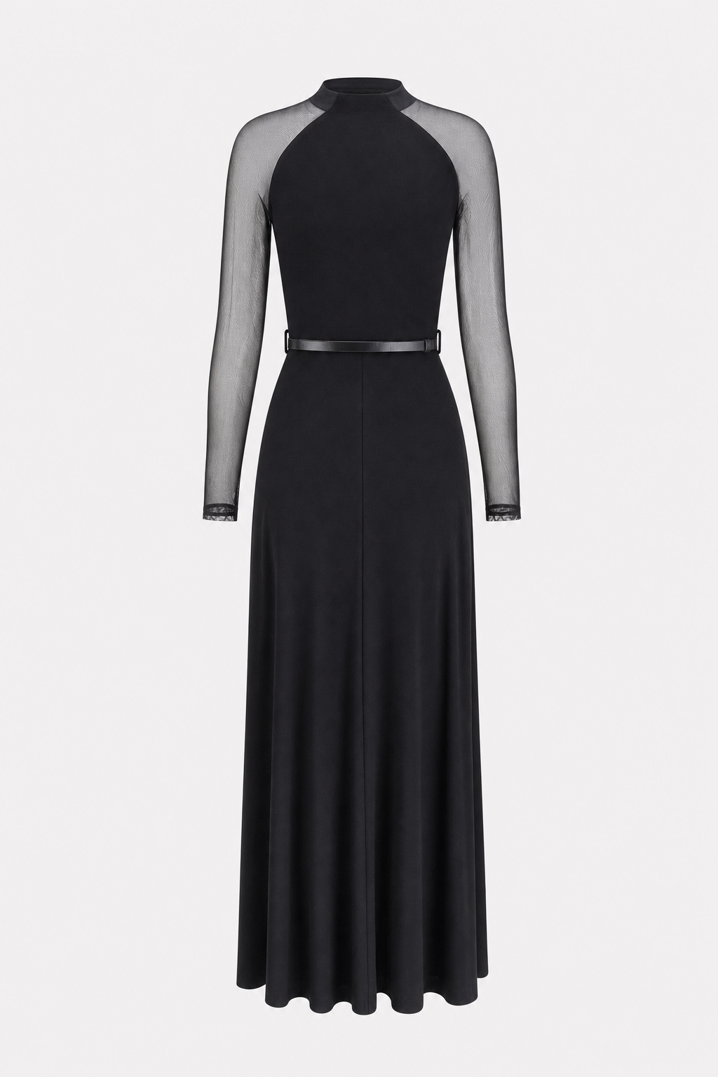 Black Jersey Belted Maxi Dress with Mesh Sleeves - view 6
