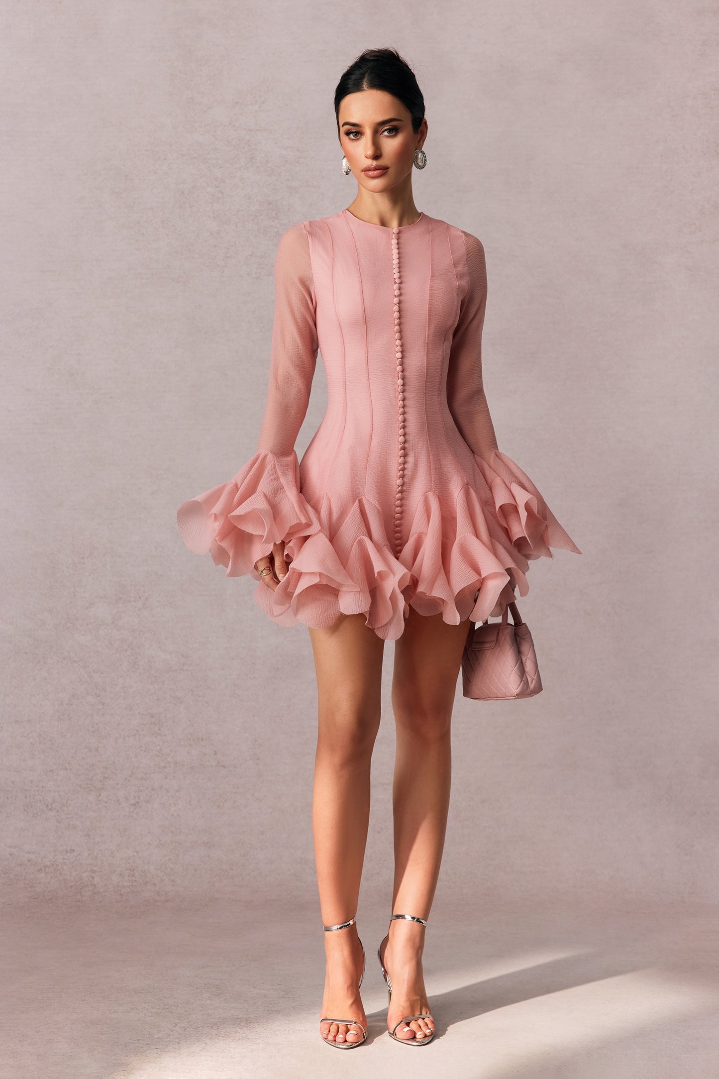 Flared Sleeve Mesh Mini Dress in Pink - view 5