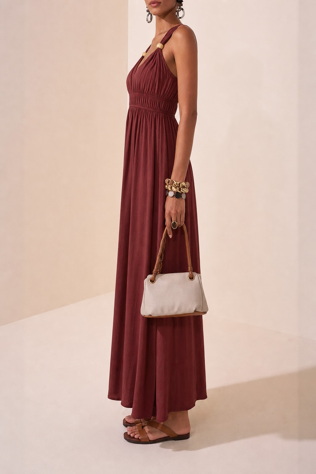 Textured Maxi Dress with Beaded V-Neck - 2