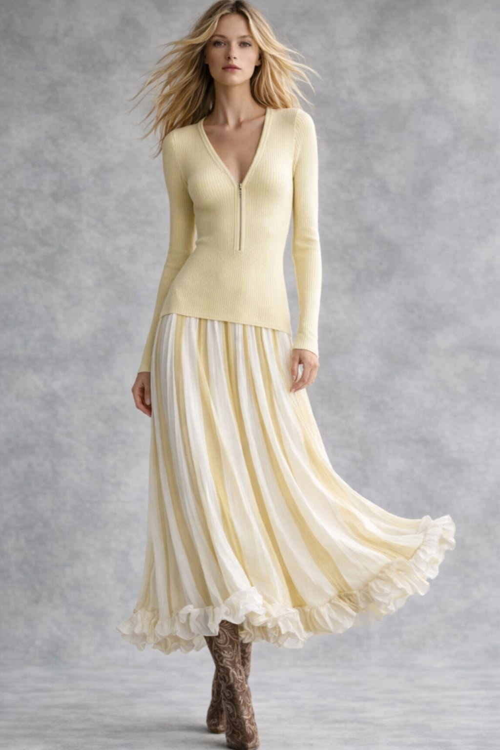 Polyester Knitted Dress with V Neck And Patchwork Stripes - 3