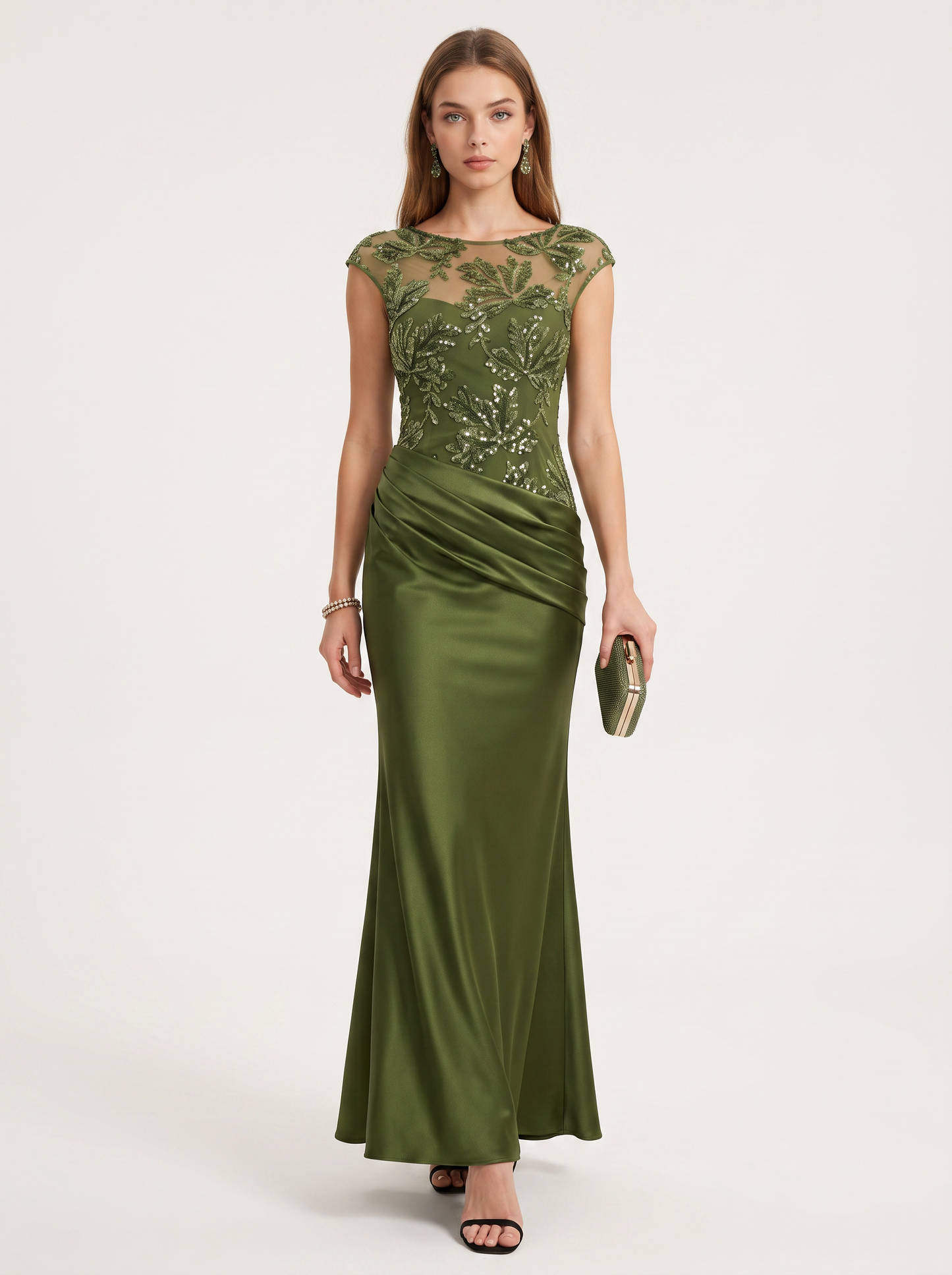 Green Sequin Satin Mermaid Maxi Dress - view 4
