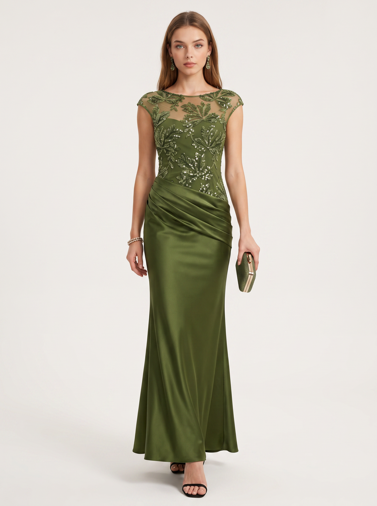 Green Sequin Satin Mermaid Maxi Dress - view 4