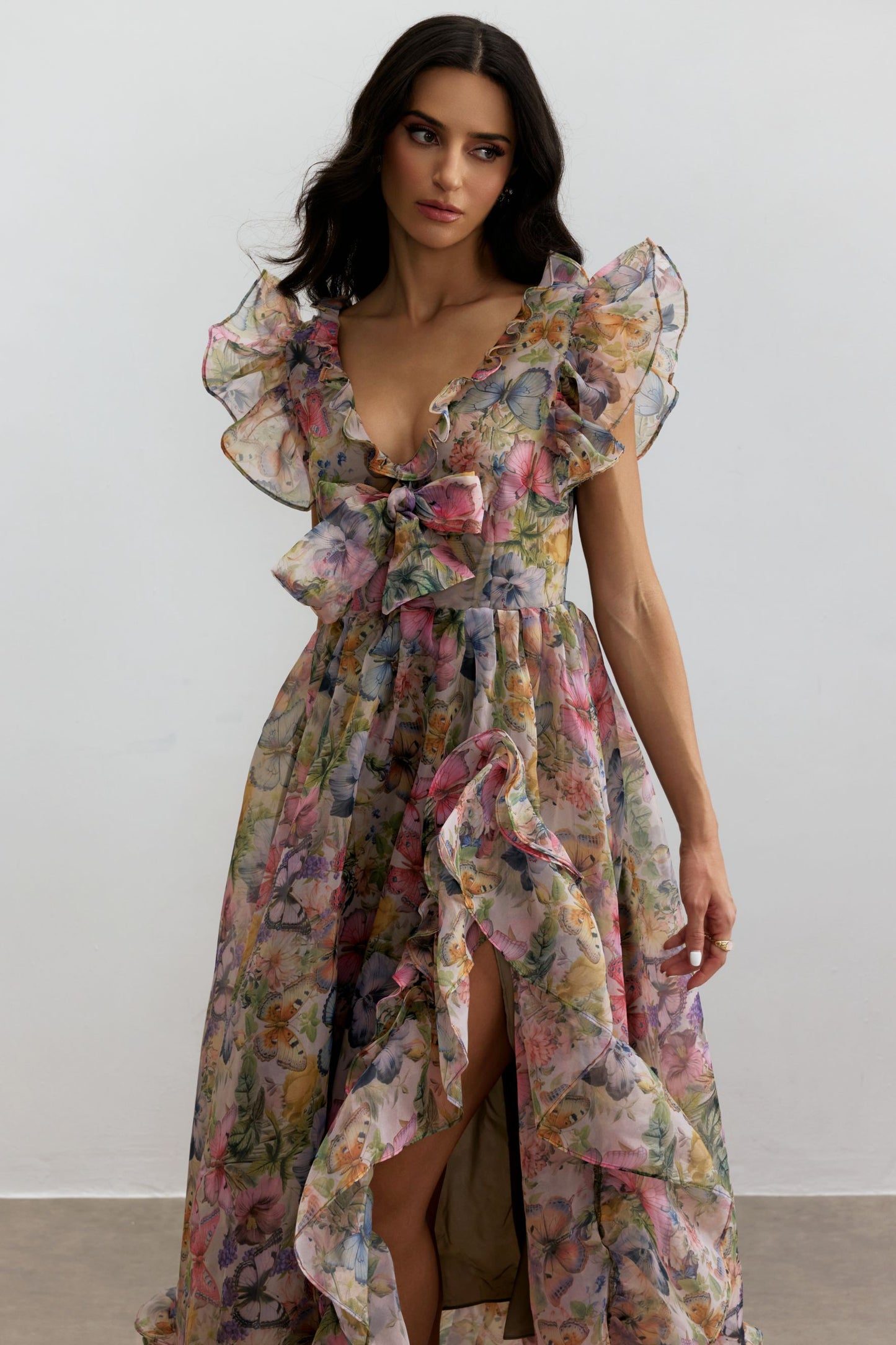 Floral Butterfly Print Chiffon Maxi Dress - view 3
