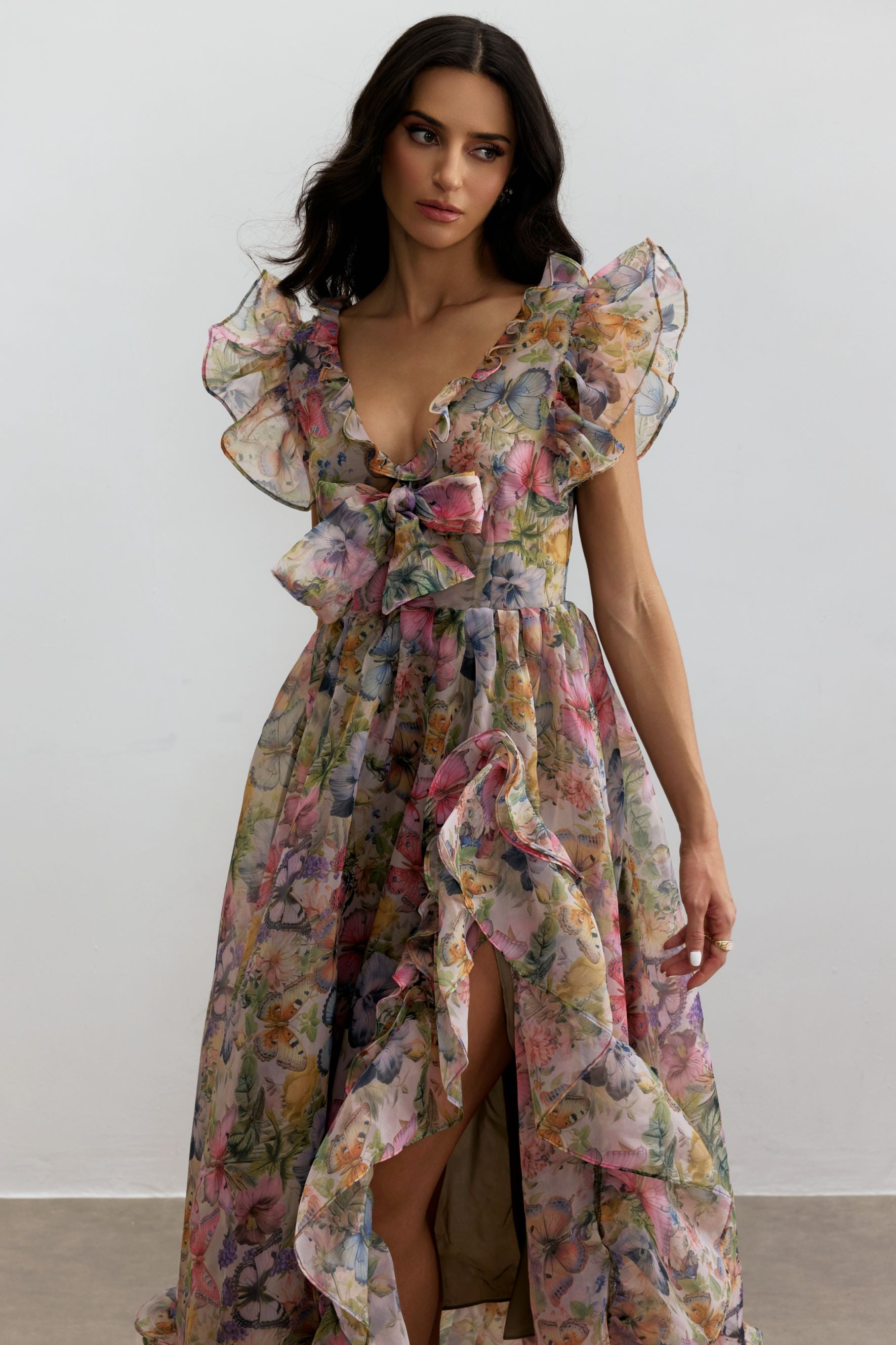 Floral Butterfly Print Chiffon Maxi Dress - view 3