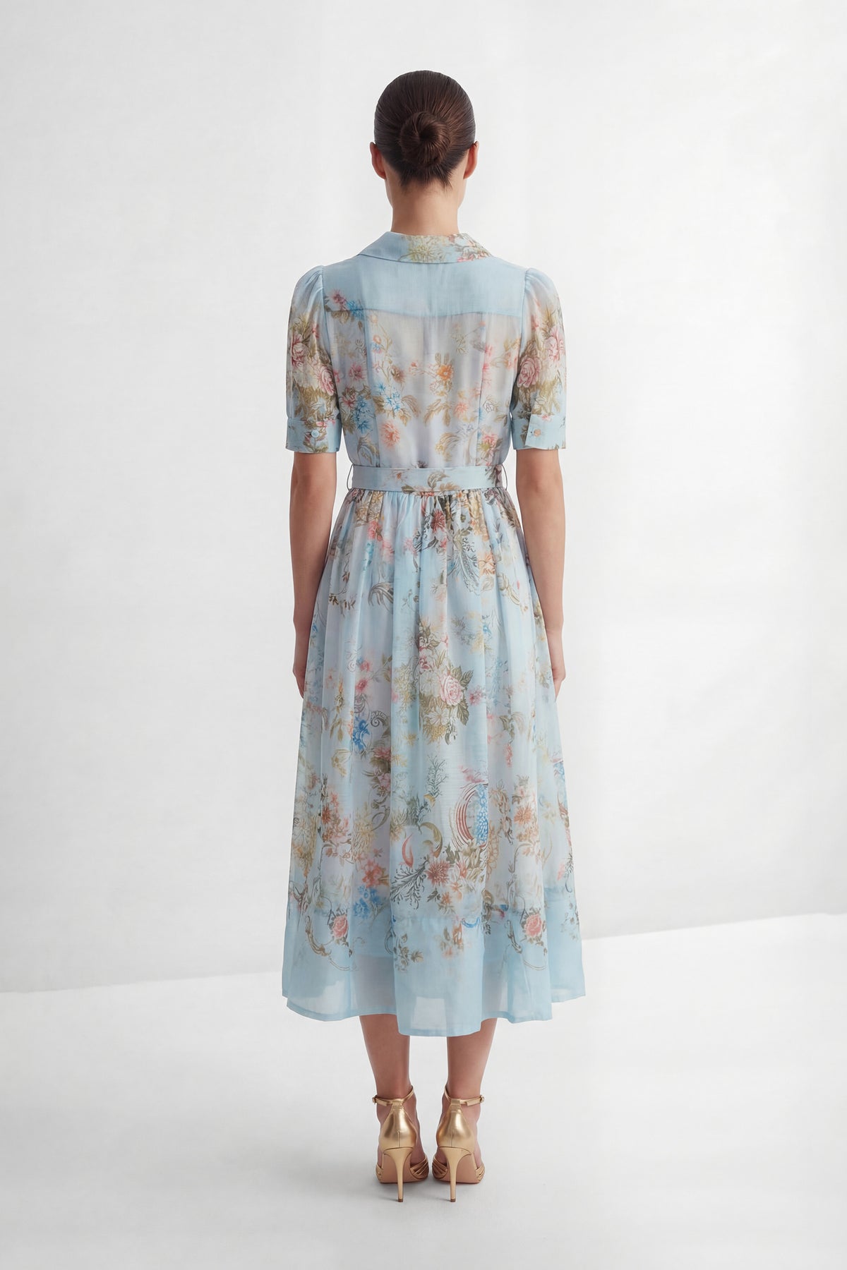 Blue Floral Puff Sleeve Shirt Collar Maxi Dress - view 4
