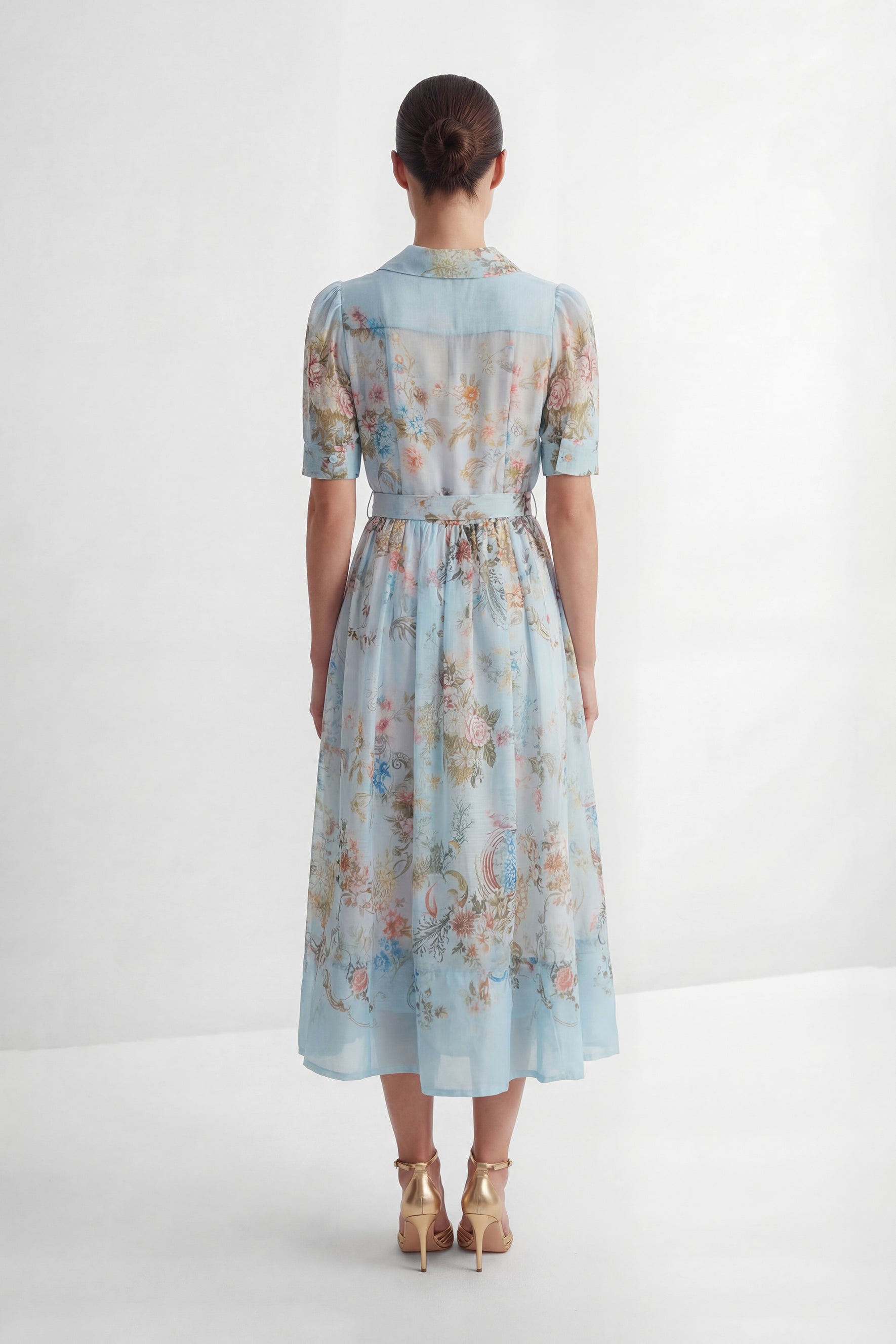 Blue Floral Puff Sleeve Shirt Collar Maxi Dress - view 4