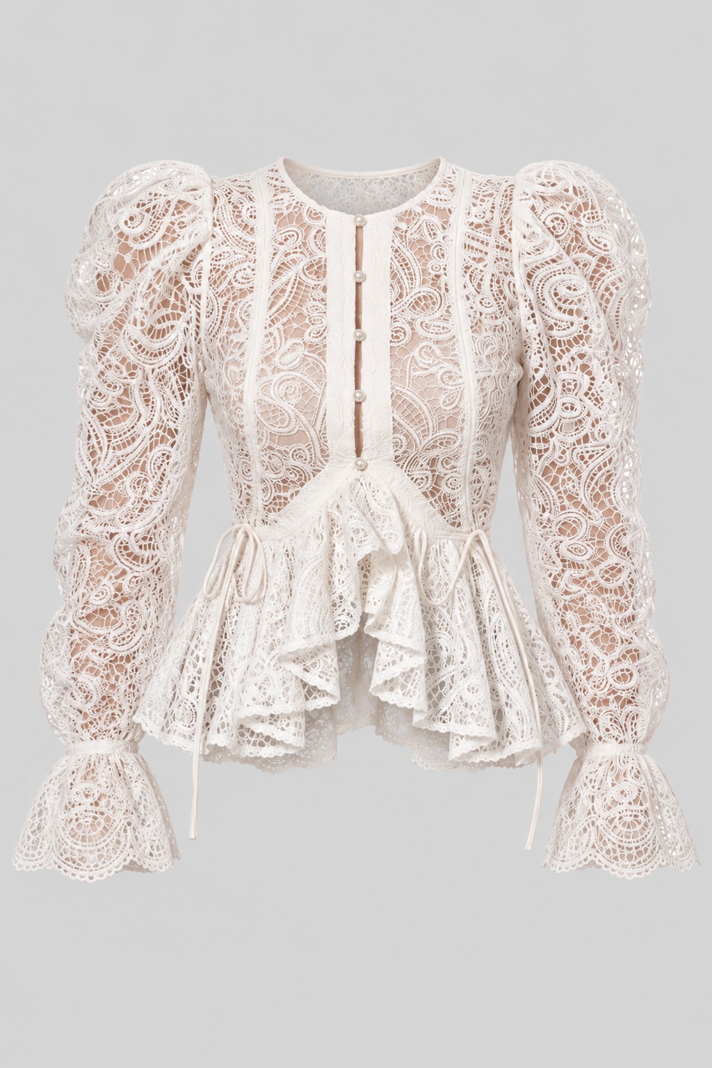 Lace Round-Neck Top With Puffed Sleeves - 1
