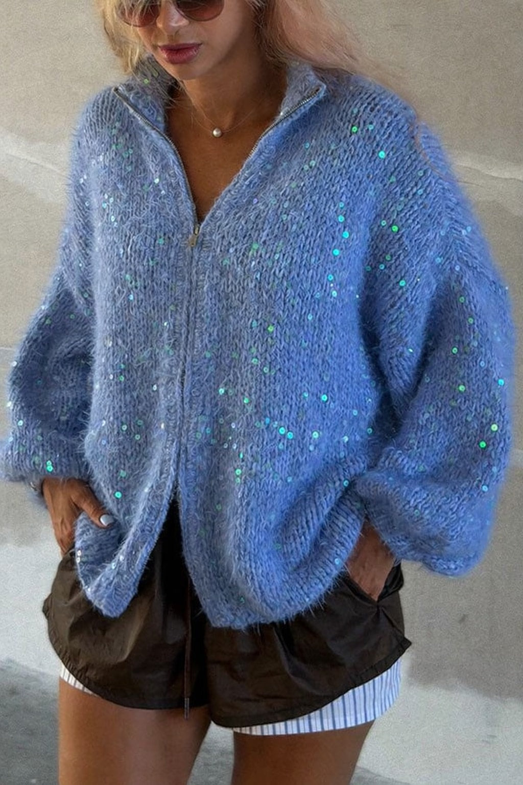 Knit Cardigan With High Neck And Balloon Sleeves - 2