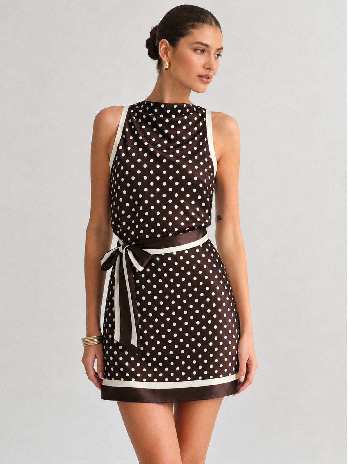 Brown satin polka dot tie-waist mini dress - view 2