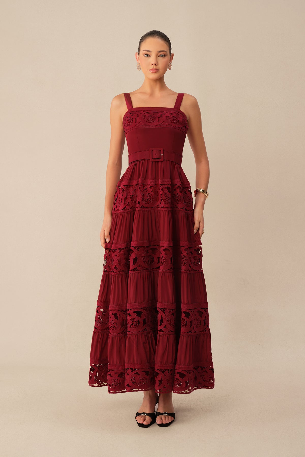 Burgundy Square Neck Lace Maxi Dress With Tie Waist - 6