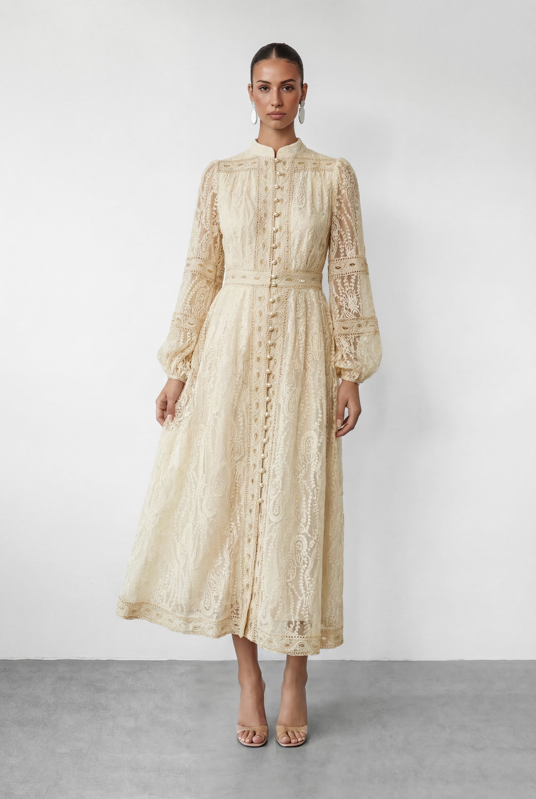 Beige Lace Stand Collar Puff Sleeve Maxi Dress - view 5